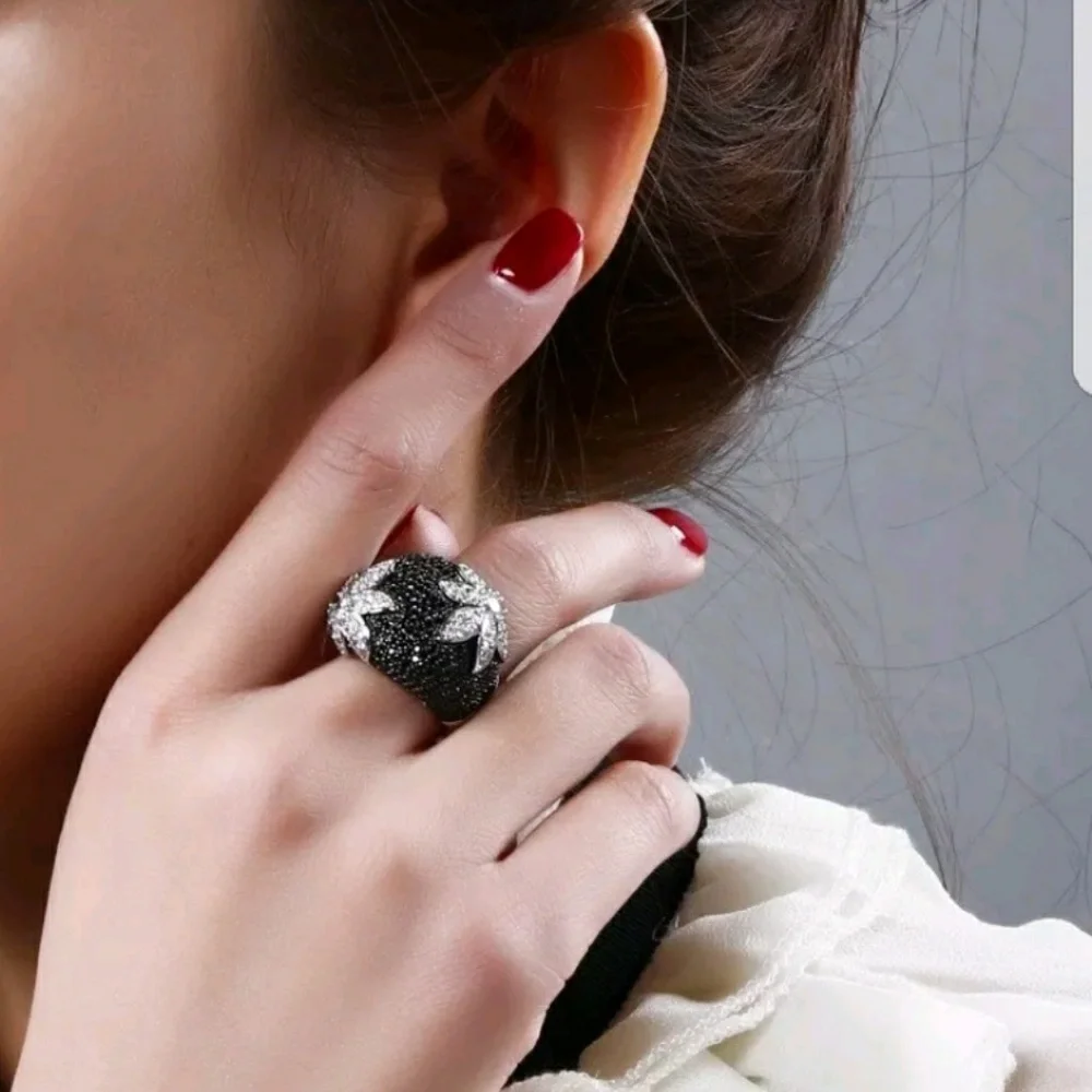 Black Pavé Flower Cocktail Ring with White Crystal Accents